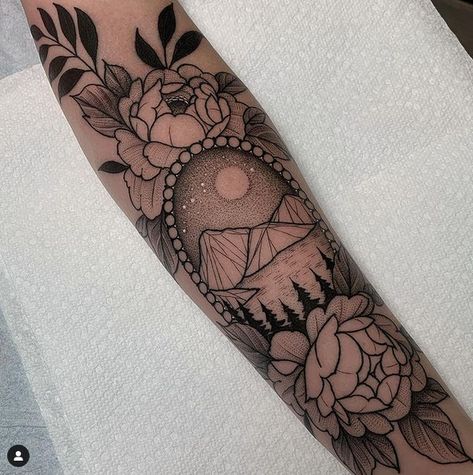 Floral And Mountain Sleeve Tattoo, Mountain Floral Tattoo, Mountain Sleeve Tattoo Women, Lower Arm Tattoos For Women Unique, Mountain Sleeve Tattoo, Sunflower Mandala Tattoo, Arm Cover Up Tattoos, Unique Half Sleeve Tattoos, Bookish Tattoos