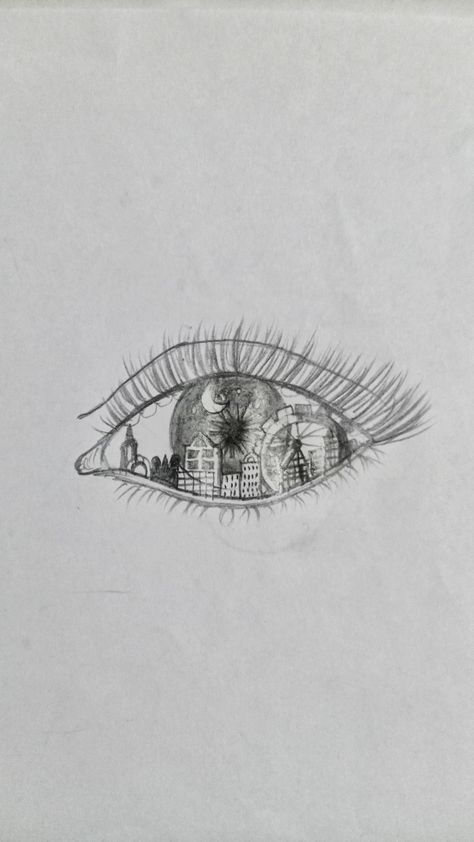 Pencil Eye Drawing with dream world inside it ( night sky and city 🌆) Eye World, World Tattoo, Dream World, Realistic Drawings, Eye Drawing, Geometric Tattoo, Art Drawings, Tattoos, Drawings