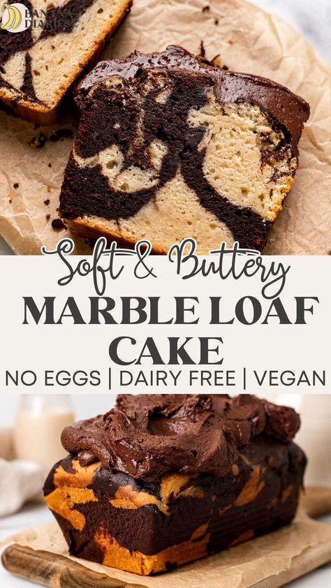 This chocolate and vanilla swirled fluffy marble loaf cake is tender, buttery, and so soft with the perfect swirl inside! With a really easy vanilla cake batter that’s then used for the chocolate batter and topped with a silky chocolate frosting, you won’t believe this Starbucks copycat recipe is made entirely vegan, dairy free, and without eggs! Vegan Chocolate Loaf Cake, Easy Vegan Cake Recipes, Vegan Cake Recipes Easy, Vegan Marble Cake, Witchy Food, Marble Loaf Cake, Cake No Eggs, Marble Loaf, Banana Diaries