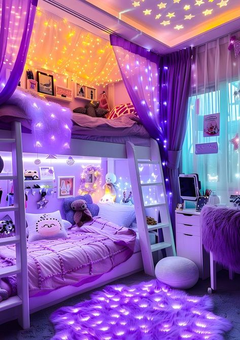 Bed Room Ideas For Teens, Room Ideas Two People, Rich Room Ideas, Sobe Za Devojcice, Purple Kids Bedroom, Purple Kids Room, Purple Bedroom Decor, Purple Room Decor, Luxury Kids Bedroom