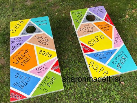 Summer Drinking Games Outdoor, Corn Hole Drinking Game, Cornhole Board Designs Diy, Cute Corn Hole Boards, Cornhole Drinking Boards, Custom Corn Hole Boards, Corn Hole Boards Designs Diy, Cornhole Design Ideas, Drinking Game Cornhole Board