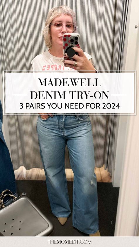 Click through to the blog for the full try-on + review | After a recent trip to Madewell, these 3 pairs of jeans came home as winners for fall 2024. | #TheMomEditStyle #FashionBlog #Madewell #DenimTryOn #DenimReview #WideLegJeans #CuffedJeans #JeansOutfit Madewell 90s Straight Jeans Outfits, Madewell Stovepipe Jeans Outfit, Jeans Fall 2024, Madewell Jeans Outfit, Madewell Fall, Madewell Outfits, Straight Jeans Outfit, Denim Jeans Outfit, Wedgie Jeans