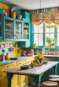 Open Kitchen Cabinet, Kitchen Eclectic, Kitschy Kitchen Decor, Turquoise Kitchen, Retro Appliances, Modular Kitchen Design, Kitschy Kitchen, Modern Home Interior Design, Casa Vintage