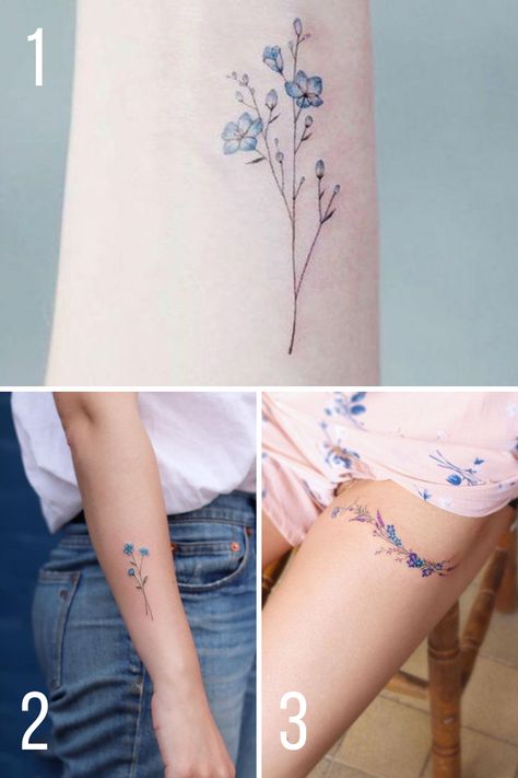 Rose With Forget Me Nots Tattoo, Forgetmenots Flowers Tattoo, Forget Me Not Wrap Around Tattoo, Small Blue Flower Tattoo, Simple Forget Me Not Tattoo, Dont Forget Me Flowers Tattoo, Purple Tattoos For Women, Forget Me Not Tattoo Memorial, Darlin Tattoo