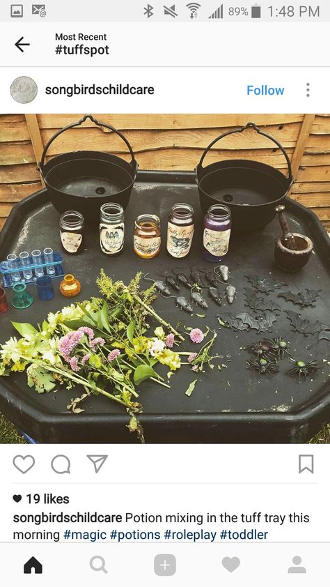 Magic Potions Tuff Tray, Potion Play Ideas, Halloween Curiosity Approach, Potion Provocation, Potion Making Tuff Tray, Curiosity Approach Halloween, Witches Potion Sensory Play, Preschool Potion Making, Potion Making Party