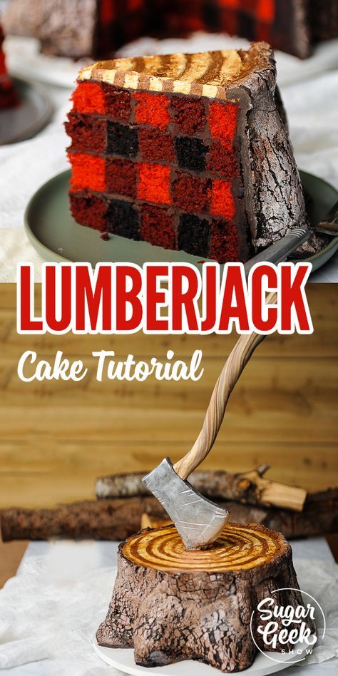 Learn how to make this amazingly awesome lumberjack cake from Liz Marek of the Sugar Geek Show. Liz is the original creator of the Lumberjack cake. She shows us how to make the perfect buffalo plaid cake pattern inside, buttercream rings, gravity defying modeling chocolate axe and bark texture step-by-step. #lumberjack #lumberjackcake #fathersday #plaid #cakestructure #redvelvet #birthdaycakesformen Frosting Tricks, Plaid Cake, Lumberjack Cake, Sugar Geek, Cake Structure, Cake Pattern, Lumberjack Birthday, Bark Texture, Birthday Cakes For Men