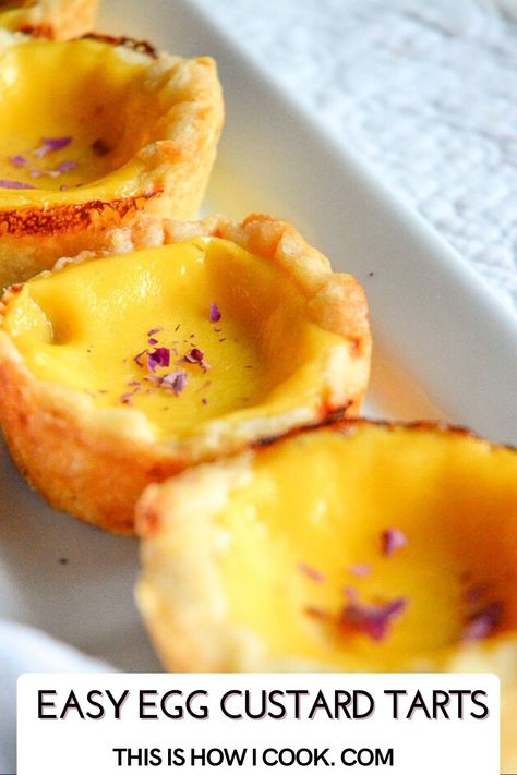 A very simple baked egg custard recipe, that can be made into Chinese egg tarts or just made in custard cups, is easy and delicious-with or without the crust! #eggtartshongkong #eggtartschinese #eggtartsrecipe #eggcustardrecipes Egg Custard Tart Recipe, Egg Custard Recipe, Chinese Egg Tart, Baked Egg Custard, Egg Custard Recipes, Egg Tart Recipe, Custard Tarts Recipe, Chinese Egg, Custard Cups