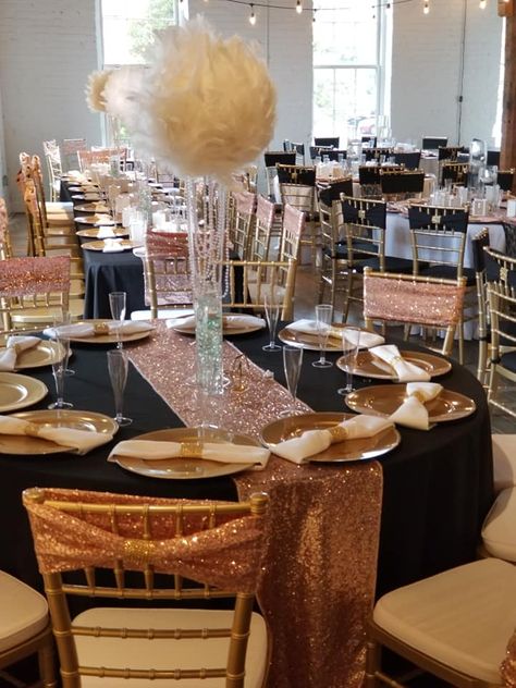 Black Table Cloth With Rose Gold Runner, Rose Gold With Black Decorations, Rose Gold Black Party Decorations, Black And Rose Gold Rustic Wedding, Black Sequin Table Runner, Black And White And Rose Gold Wedding, Black And Rose Gold Table Decor, Black Rosegold Decoration Birthday, Rose Gold And Black Decor