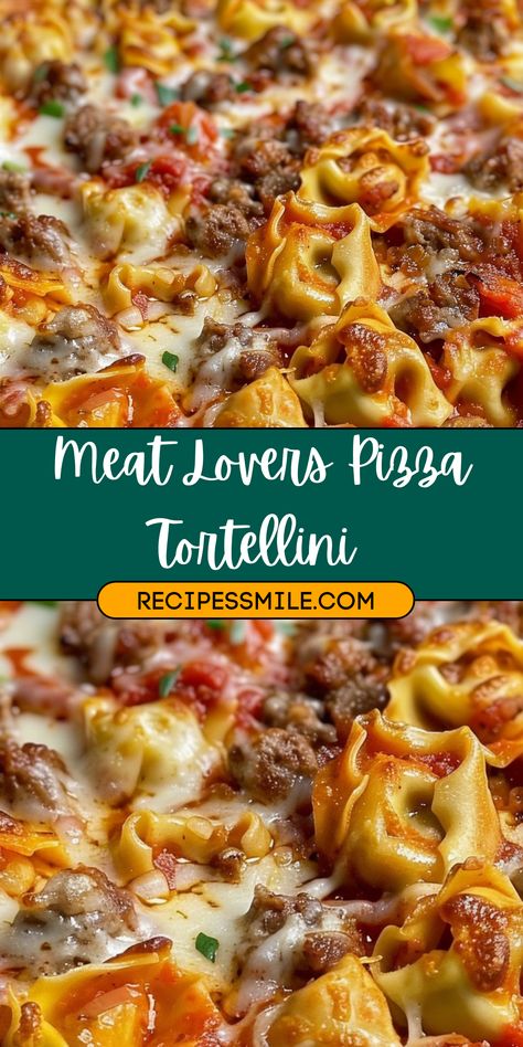 Meatlovers Pizza Tortellini, Hamburger Meat Tortellini, Beef Tortellini Alfredo Recipes, Meat Lovers Pizza Tortellini Bake, Meat Lovers Tortellini, Cheese Tortellini Pizza Casserole, Beef Tortellini Alfredo, Meat Lovers Pasta, Tortellini Pizza Bake