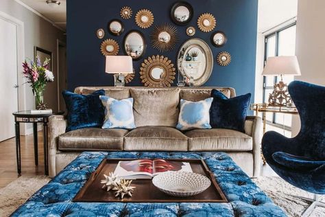 22 Wonderful Celestial Home Decor Ideas - Rhythm of the Home Furnitur Ruang Keluarga, Blue Accent Walls, Accent Walls In Living Room, Transitional Living, Design Salon, Transitional Living Rooms, Blue Living Room, Living Room Accents, Future City