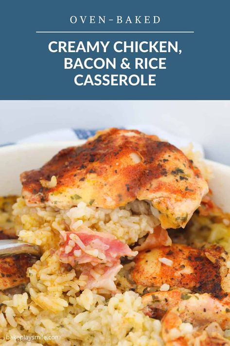 A delicious creamy casserole made with bacon, oven baked chicken and rice. The perfect family dinner that takes just 10 minutes to prepare (and always gets the tick of approval!). #creamy #chicken #bacon #rice #casserole #bake #dinner #family #meal #ovenbaked Bacon Oven Baked, Oven Baked Chicken And Rice, Bacon Oven, Baked Chicken And Rice, Bacon Rice, Creamy Casserole, Bake Dinner, Casserole Bake, Creamy Chicken And Rice