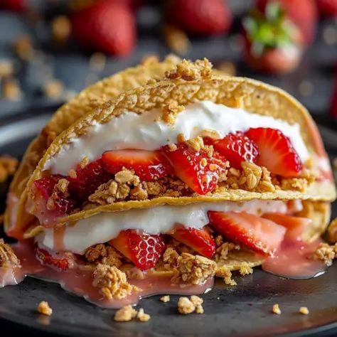 Strawberry Crunch Cheesecake Tacos Strawberry Crunch Cheesecake Tacos, Cheesecake Tacos Recipe, Cheesecake Tacos, Strawberry Crunch Cheesecake, Cinnamon Sugar Tortillas, Crunch Cheesecake, Cookies And Cream Cheesecake, Strawberry Crunch, Tortilla Shells