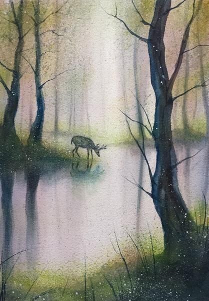 Watercolour Deer Painting, Deer Painting, Spring Forest, Woodland Art, Sky Painting, Ink Wash, Watercolor Landscape Paintings, Watercolor Art Lessons, Forest Art