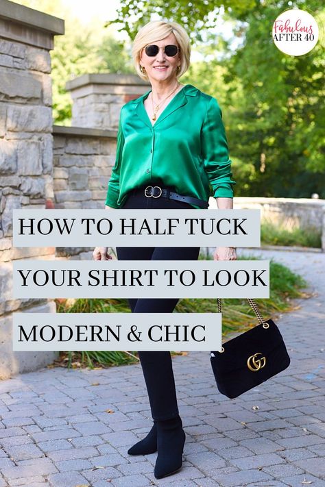 How To Partially Tuck In Your Shirt, How To Tuck A Blouse Work Outfits, Womens Collared Shirt Outfits, Tuck In Blouse How To, Tucked In Shirt Outfit High Waist, How To Half Tuck In Shirt Women, How To Tuck In Button Down Shirt Women, How To Style A Hawaiian Shirt Women, How To Tuck In Blouse Women