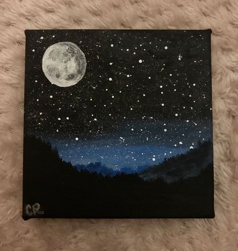 Night Stars Painting Easy, Painting Night Sky Easy, Simple Dark Painting Ideas, Night Time Paintings Easy, Dark Paintings Ideas Easy, Canvas Night Painting, Black Sky Painting, Simple Space Painting, Space Painting Ideas On Canvas