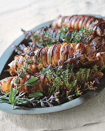 Roasted Pork Tenderloin with Bacon and Herbs - Martha Stewart Recipes Pork Tenderloin With Bacon, Pork Roasts, Roast Dinners, Roasted Pork Tenderloin, Cooking Christmas, Pork Tenderloins, Pork Schnitzel, Roasted Pork Tenderloins, Martha Stewart Recipes