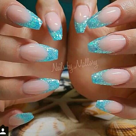 Aqua blue french manicure Turquoise Manicure Ideas, Vacation Nails Turquoise, Nails For Turquoise Dress, Aqua Tip Nails, Aqua Prom Nails, French Nails Turquoise, Turquoise Nails French, Tiffany Blue French Tip Nails, Aqua Acrylic Nails Turquoise