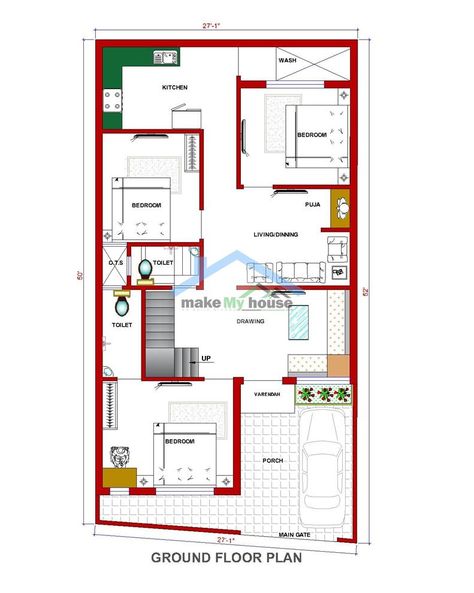 Make My House Online House Plan 26*50 House Design Plan 1300 SQFT Floor Plan South Facing - Second Floor Plan - Online South Facing House, 30x40 House Plans, Indian House Plans, Little House Plans, Duplex House Plans, House Layout Plans, Model House Plan, Duplex House Design, Traditional House Plans