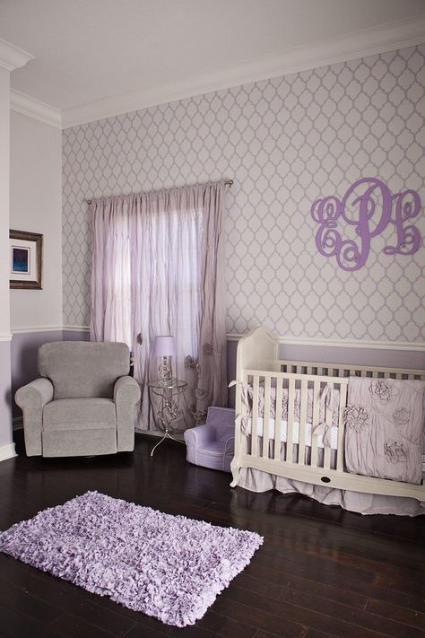 (paid link) 1. Patterned Paradise Sometimes all a nursery needs is some eye-catching wallpaper. · 2. Modern Fairy Tale Your baby girl's nursery can be a modern fairy tale. Purple And Grey Nursery Girl, Lavender Nursery Ideas, Lavender Nursery Baby Girl, Lavender And Grey Nursery, Lavender Baby Room, Light Purple Nursery, Purple Baby Room, Purple And Grey Nursery, Purple Nursery Ideas