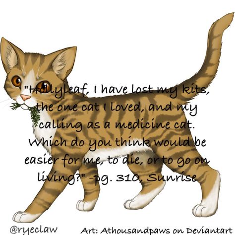 Leafpool- "Hollyleaf, I have lost my kits, the one cat I loved, and my calling as a medicine cat. Which do you think would be easier for me, to die, or to go on living?" -pg. 310, Sunrise Warrior Cats Comics, Warrior Names, Warrior Cats Books, Love Warriors, Warrior Cats Art, Cat Books, Cat Facts, Warrior Cat, Cat Care