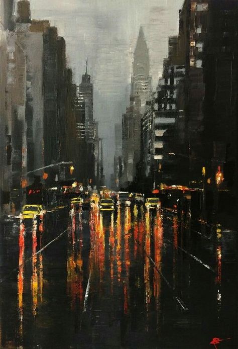 Paul Kenton, Foggy City, Abstract Painting Acrylic Modern, Road Painting, New York Painting, Rain Painting, Building Painting, The Big City, City Road