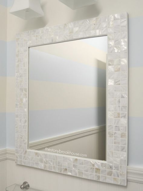 How To Make A Custom Tiled Mirror Tile Mirror Frame Diy, Mirror Border Diy, Stick On Tiles Bathroom, Diy Tile Mirror, Mirror Makeover Diy, Tiled Mirror, Mirror Upcycle, Modern Bathroom Tiles, Diy Mosaic Tiles