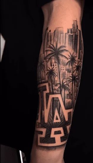 30+ Los Angeles Tattoo Ideas To Show Your Love For Tinseltown! City Tattoo Ideas For Men Sleeve, Los Angeles Leg Tattoo, Los Angeles Sleeve Tattoo, Cali Tattoo Ideas For Men, Leg Tattoo Theme, La Themed Tattoo, Long Beach California Tattoo Ideas, California Style Tattoo, California Leg Sleeve Tattoo