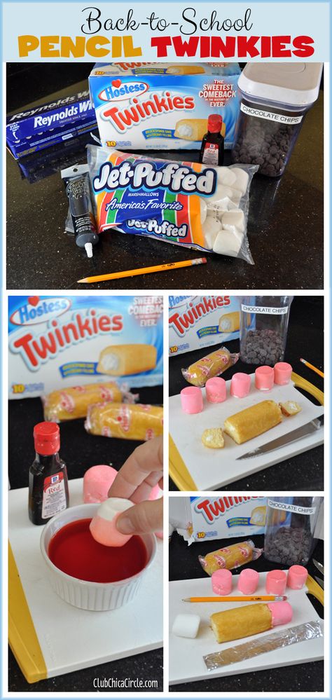 Back-to-School Pencil Twinkies food craft @clubchicacircle Snack Selling At School, Back To School Edible Treats, Pencil Food, Pencil Snacks For Kids, First Day Of School Snack, Picture Book Inspired Snacks, Pretzel Pencils, Bible School Snacks, Kids Food Crafts