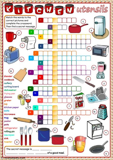 Kitchen vocabulary interactive and downloadable worksheet. You can do the exercises online or download the worksheet as pdf. Kitchen Utensils Worksheet, Kitchen Vocabulary, Family And Consumer Science, Meals Recipes, Vocabulary Games, Conceiving, Crossword Puzzles, English Activities, Vocabulary Worksheets