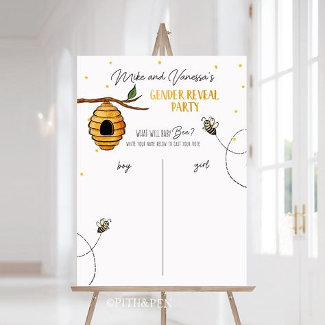 Gender Reveal Welcome Sign, Honey Bee Party Printable Template, Corjl #039-51WS https://etsy.me/3KdrhK3 #babyshower #partywelcomesign #genderrevealparty #genderrevealsign #honeybeewelcome #beewelcomesign #guessthebaby #beeshowergame #honeybeegame Honey Bee Party, Bee Themed Gender Reveal, Bee Theme Party, Bee Cookies, Bee Gender Reveal, Bee Party, Pen Design, Baby Gender Reveal, Party Printable