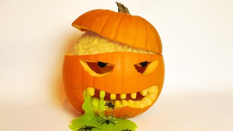 How to Carve a Pumpkin Featuring a Visible Brain and Green Slime Oozing Out of Its Mouth Slime Youtube, Zombie Pumpkins, Pumpkin Carving Patterns Free, Pumpkin Stencils Free, Halloween Slime, Owl Pumpkin, Contest Ideas, Green Slime, Creative Pumpkin Carving