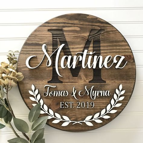 Circle Last Name Sign, Cnc Wedding Signs, Last Name Round Wood Sign, Last Name Monogram Ideas, Glowforge Wedding Gift, Laser Wedding Gift, Layered Wood Signs, Laser Engraved Wedding Gifts, Wooden Last Name Signs