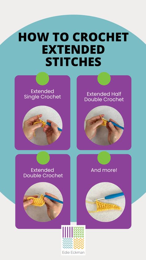 Follow these easy steps to make extended single crochet, extended half double crochet, extended double crochet and more. Extended Double Crochet Stitch, Extended Half Double Crochet, Extended Double Crochet, Extended Single Crochet, Foundation Half Double Crochet, Foundation Single Crochet, Crochet Tips, Double Crochet Stitch, Crochet Stitch