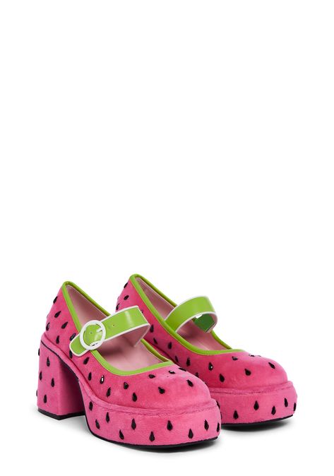 Sugar Thrillz Watermelon Platform Mary Janes Fruit - Pink Watermelon Aesthetic, Bizarre Fashion, 3d Pokemon, Colored Trim, Dr Shoes, Sugar Thrillz, Funky Outfits, Platform Mary Janes, Really Cute Outfits