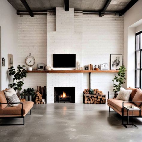 White Brick Fireplace With Wood Mantle, White Brick Fireplace Ideas, Painted Brick Fireplace Makeover, Gray Fireplace, Brick Fireplace Ideas, Wood Mantle Fireplace, Grey Fireplace, Painted Fireplace, Ny House