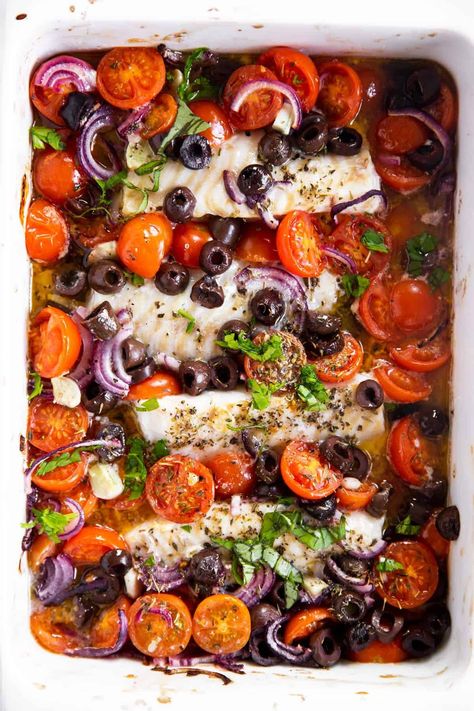 Mediterranean Baked Cod Recipe - Savory Nothings Mediterranean Baked Cod, Lemon Baked Cod, Oven Fried Fish, Baked Cod Recipes, Cod Fish Recipes, Fish Recipes Baked, Cod Recipe, Garlic Butter Salmon, Healthy Weeknight Dinners