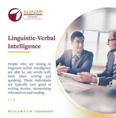 Series #2
What major should you choose to study at university?
Have you heard about Verbal-Linguistic intelligence?
This is the way how to choose your career to be Lawer, Journalist/Writer or Teacher.

#Engineer #Architect #Artist
#Choose #your #Major #University
#Verbal #Linguistic #Intelligence
#Aljazari #International #School Verbal Linguistic Intelligence, Verbal Linguistic, Linguistic Intelligence, Artist Career, Spaced Repetition, Multiple Intelligences, Problem Based Learning, Instructional Technology, Instructional Strategies