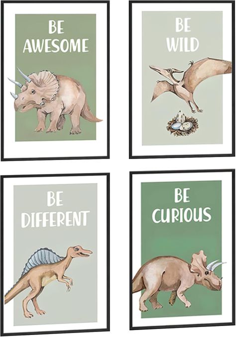 4 Pieces Wall Art Canvas Poster Inspirational Quotes - Dinosaur Cartoon Animals Picture Painting - Prints Framed for Home Kids Room Decor - 8'' X 12'' Dinosaur Toddler Room, Nordic Painting, Dinosaur Cartoon, Picture Painting, Wall Decor Quotes, Art Deco Posters, Poster Room, Motivational Wall Art, Baby Boy Nursery