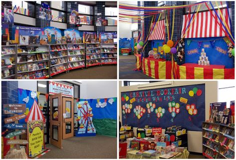 Book Fair Theme Ideas, Elementary Library Decorations, Ar Incentives, Carnival Classroom, Circus Book, School Book Fair, School Library Displays, Fair Theme, Scholastic Book Fair