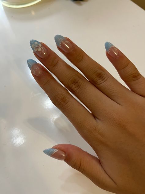 Almond French Tip Summer Nails, Beachy Acrylic Nails Almond, Florida Nails Acrylic, Acrylics For Vacation, Blue French Tip Hibiscus Nails, Acrylic Almond Nails Ideas Summer, Light Blue Hibiscus Nails, Tropical Nails Almond, Nail Inspo Simple Summer