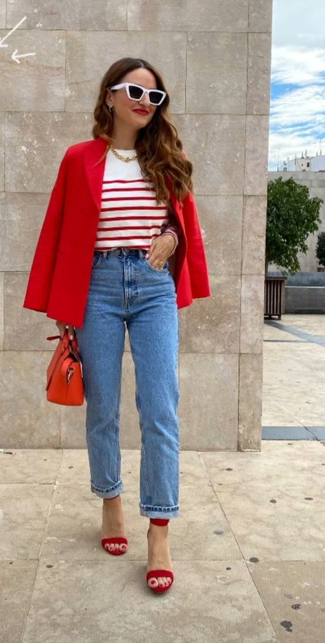 Smart Day Outfit Women, Red Dress Jean Jacket Outfit, Red Color Palette Outfit, White And Red Sneakers Outfit, Red Double Breasted Blazer Outfit, Jcrew Style Inspiration 2024, Winter Color Season Outfits, Red Waistcoat Outfit Women, Red And Tan Outfits