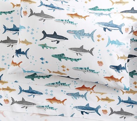 Organic Shark Party Sheet Set & Pillowcases | Pottery Barn Kids Shark Sheets, Pottery Barn Kids Bedrooms, Mermaid Sheets, Pottery Barn Bedrooms, Barn Bedrooms, Pb Kids, Shark Party, Baby Bedding Sets, Boys Bedding