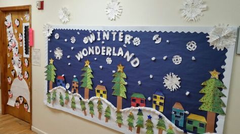 Winter Wonderland Bulletin Board Winter Wonderland Bulletin Board, Snowy Winter Night, Winter Lesson Plan, School Board Decoration, Winter Bulletin Boards, Christmas Bulletin Board, Silver Christmas Decorations, Christmas Bulletin, Bulletin Board Ideas