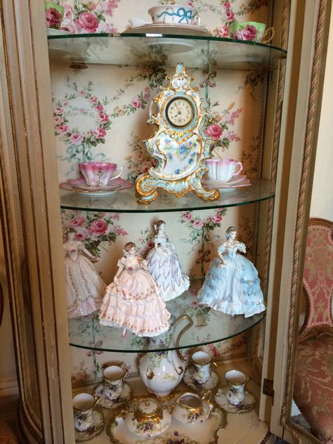 pre Shelley china , Limoges clock and chocolate set and figurines Porcelain Doll Display, Porceline Doll Aesthetic, Dresden Dolls, Shabby Chic Craft Room, Figurine Lamps Vintage, Victorian Home Decor, Vintage Porcelain Figurines Antiques, Antique Porcelain Dolls, Porcelain Figurines Victorian Ladies