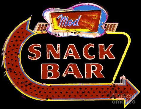 neon-vintage-snack-bar Snack Shack Sign, Snack Bar Sign, Art Snacks, Neon Vintage, Candy Bar Sign, October Ideas, Bar Signage, Snack Shack, Bar Poster