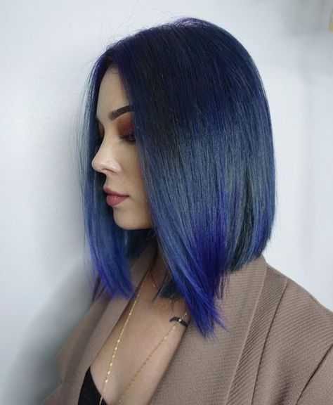 Blue Hair Ideas, Midnight Blue Hair, Highlight Bob, Bright Blue Hair, Royal Blue Hair, Blue Hair Highlights, Shot Hair, Hair Styles Color, Blue Ombre Hair