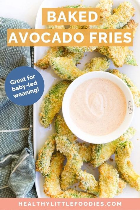 Sliced avocado, coated in breadcrumbs and baked until crispy. These avocado fries are easy to make, taste delicious and are perfect for baby-led weaning. (The breadcrumb coating helps protects the avocado not to be crushed or slide from those tiny but strong grips!) #avocadofries #babyledweaning #avocado #kidapproved #toddlerfood Avocado Snack Recipes, Baby Led Weaning Breakfast, Avocado Snack, Baby Led Weaning First Foods, Sliced Avocado, Easy Baby Food Recipes, Toddler Recipes, Baby Recipes, Avocado Fries