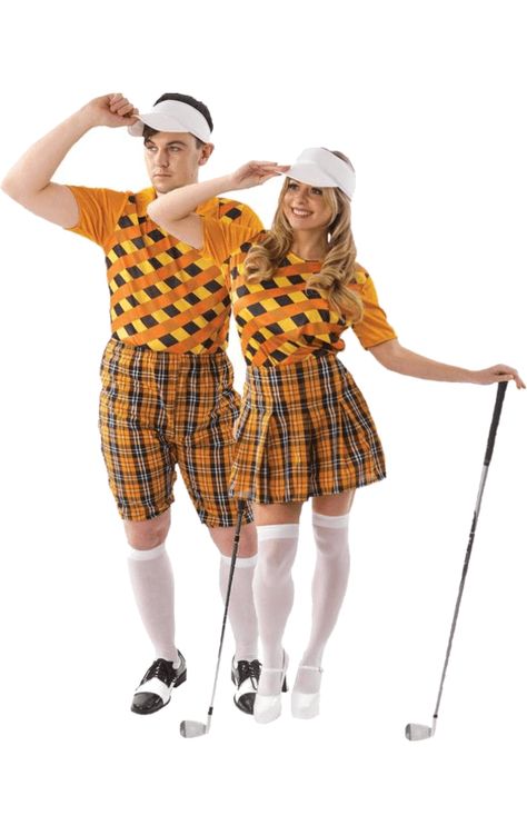 Golf Couple Costumes (Orange and Black) Golf Costume Ideas, Golf Couple Halloween Costumes, Couples Golf Outfit, Golf Halloween Costume Couples, Sports Fancy Dress Costumes, Funny Golf Outfits, Golf Halloween Costume, Golf Costume, Golf Couple