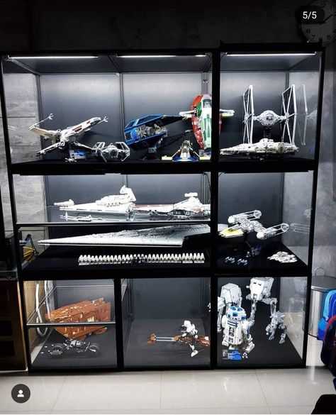 Lego Shelf Display, Model Airplanes Display, Lego Airplane, Lego Display Shelf, Lego Displays, Lego Shelf, Star Wars Room Decor, Organized Ideas, Toy Collection Display