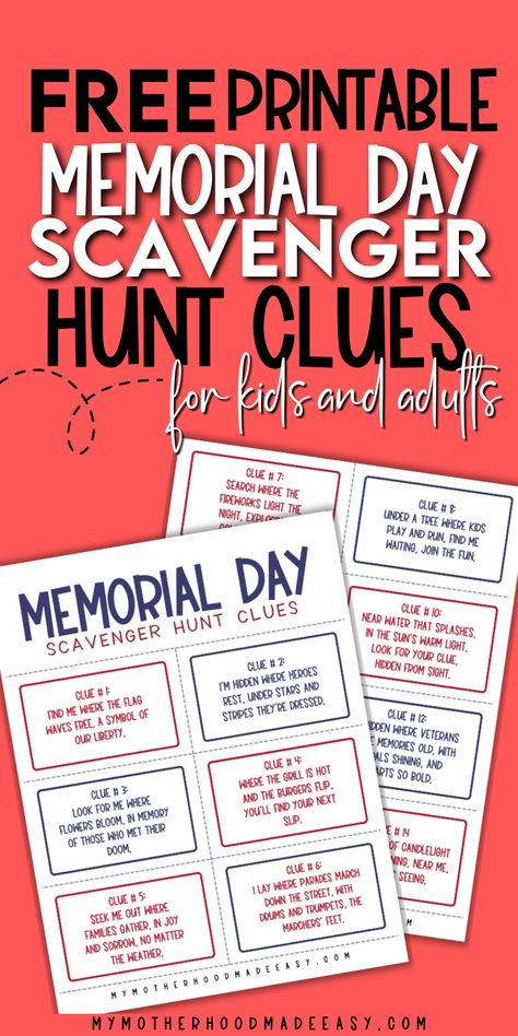 memorial day scavenger hunt riddles    Looking for Memorial Day Scavenger Hunt printable? Well, you’re in luck! Keep reading to grab a copy of our FREE Printable Memorial Day Scavenger Hunt PDF with Riddles and Clues! Scavenger Hunt Riddles, Nursing Home Crafts, Memorial Day Activities, Home Activities For Kids, Memorial Day Coloring Pages, Eating On The Go, Scavenger Hunt Printable, Memorial Day Decorations, Picture Clues